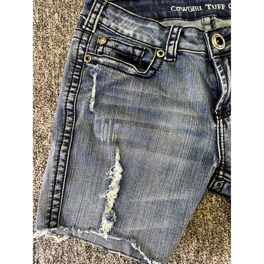 Cowgirl Tuff Co. Shorts Womens 30 Blue Denim Low Rise Light Wash Frayed Hem - Picture 2 of 16